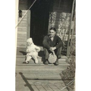 Vtg Found Photo Snapshot Toddler & Father on Porch Glendive MT Original 1930s